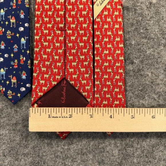 Salvatore Ferragamo Silk Ties Mens Lot 2 Red Reindeer Nativity Christmas Italy